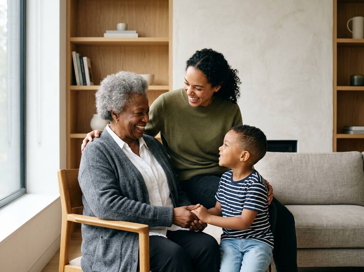 A young woman and an elderly woman share a joyful moment with a young boy in a living room. The elderly woman is sitting on a wooden chair, shaking hands with the boy, while the young woman stands behind them, smiling and leaning in. The room is bright with natural light from a nearby window, and there are wooden shelves with books and decor in the background.