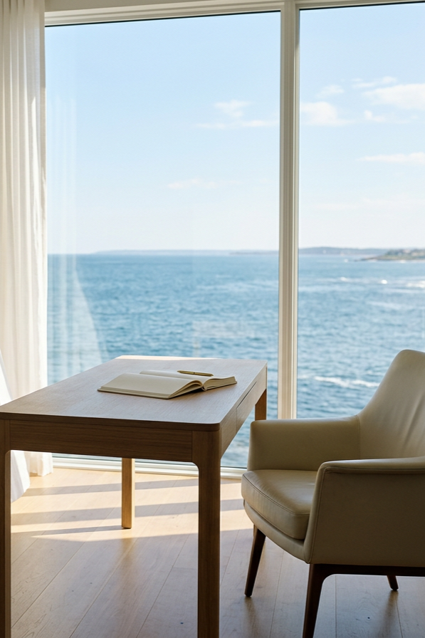 Room with a large window overlooking the ocean, a wooden table with an open book, and a cream-colored armchair.
