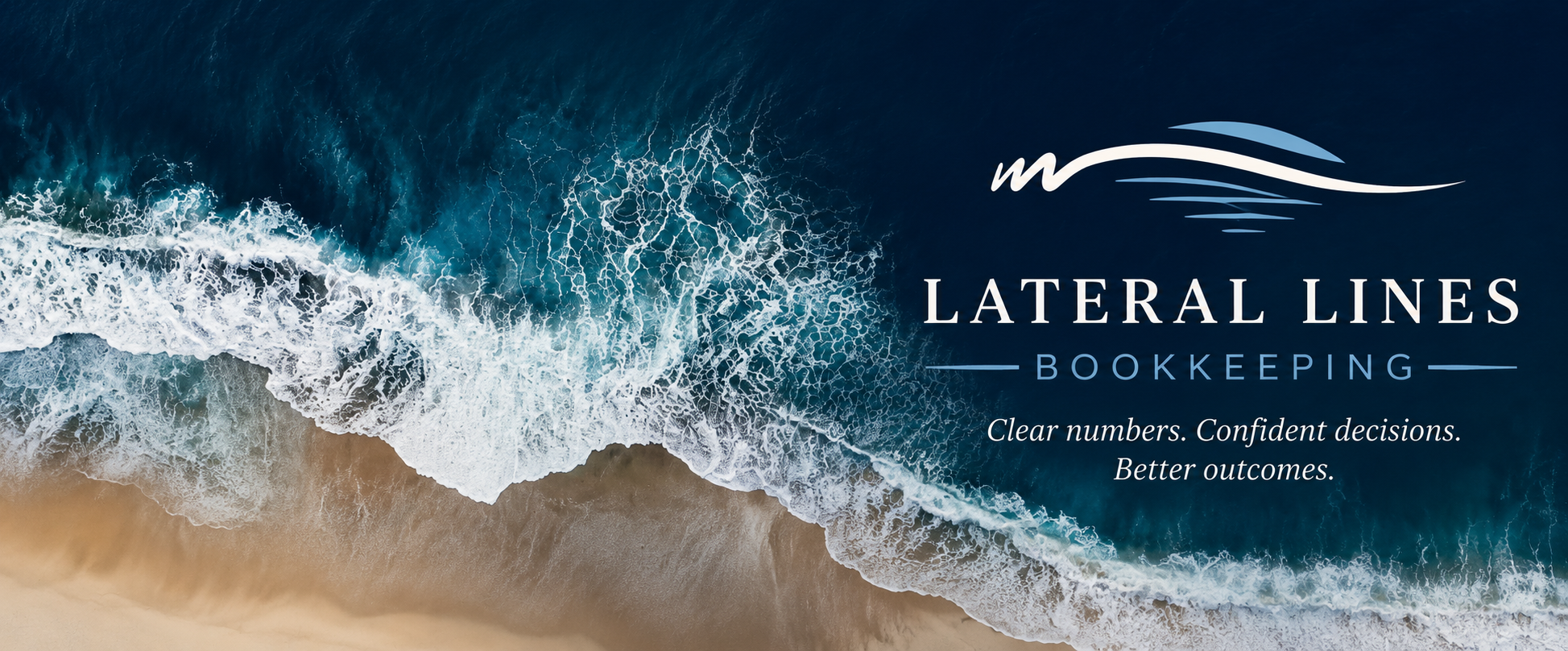 Lateral Lines Bookkeeping logo over an aerial view of turquoise water meeting the sand.