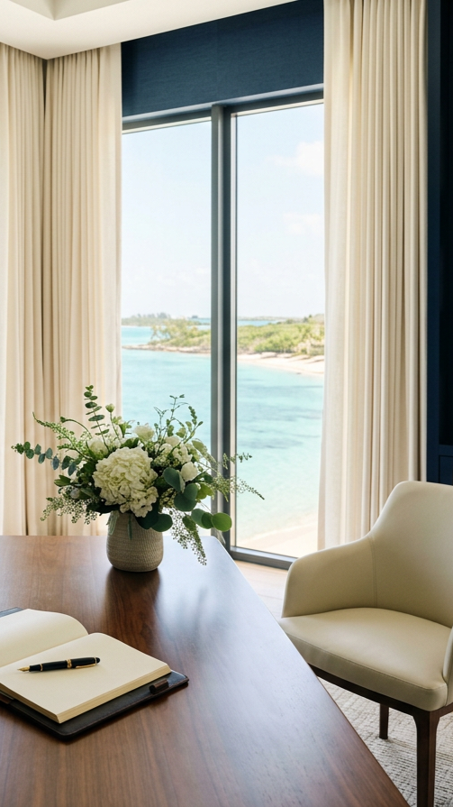 A meeting room with a wooden table, a vase of white flowers, a notebook, and a pen, overlooking a body of water through large windows with cream curtains.