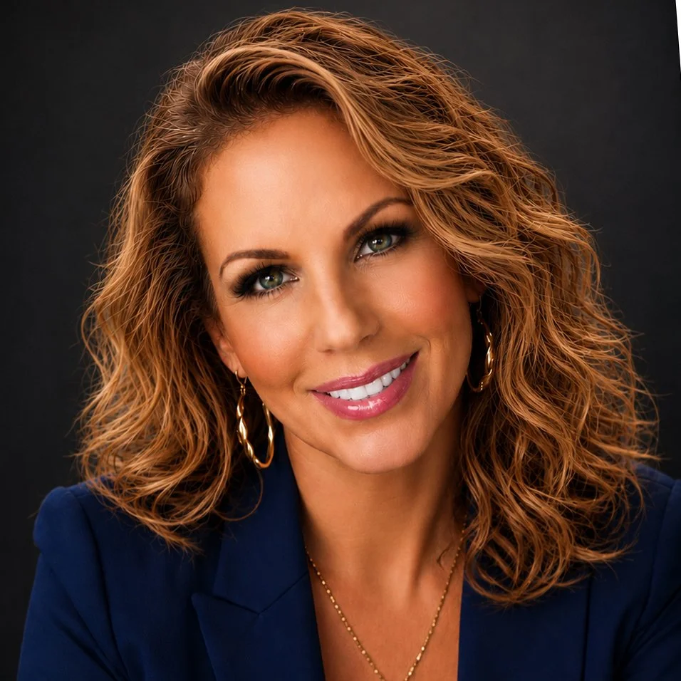 A woman with curly, shoulder-length reddish hair, wearing a navy blazer, gold hoop earrings, and a delicate gold necklace, smiling against a dark background.