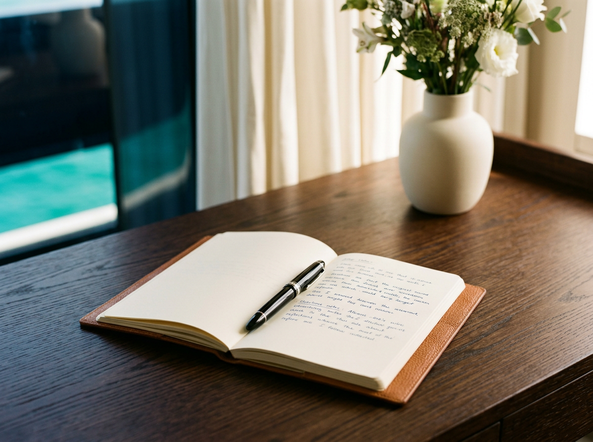 Open notebook with handwritten notes and a pen on a wooden table, with a white vase holding a bouquet of white and green flowers in the background.