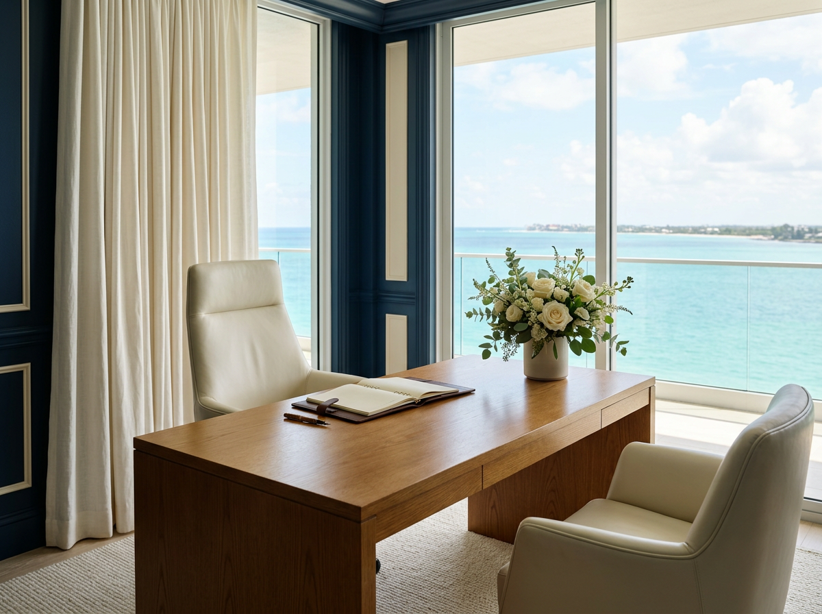 An office with a wooden desk, white chairs, a vase with white roses, and a view of the ocean through large windows.