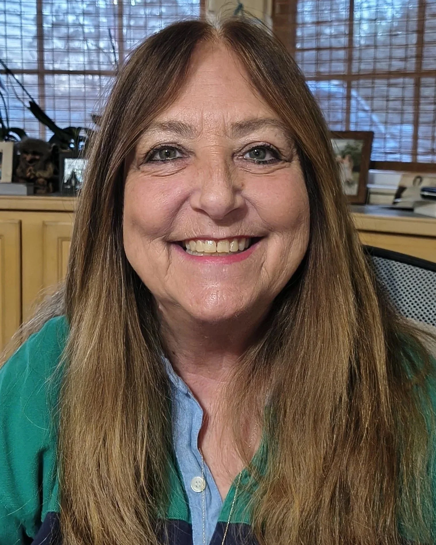Close-up of Donna, a woman with long brown hair, blue eyes, and a friendly smile, sitting in a room with wooden blinds and various objects, including a framed photo and a small stuffed animal, in the background.