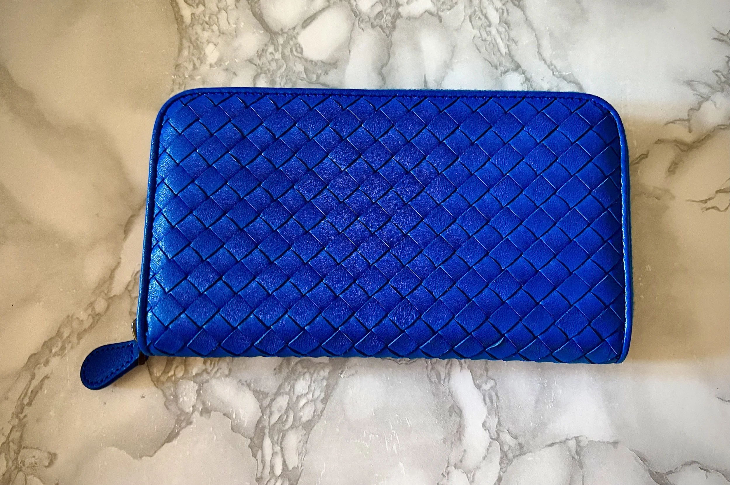 Bottega Veneta Blue Leather Intrecciato Zipper Wallet