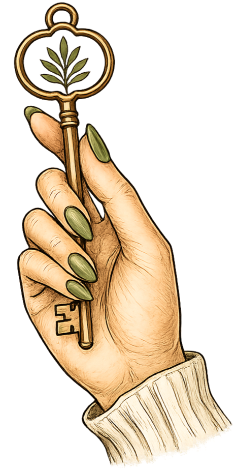A hand with green nails holding a golden key with a leaf design inside the bow.
