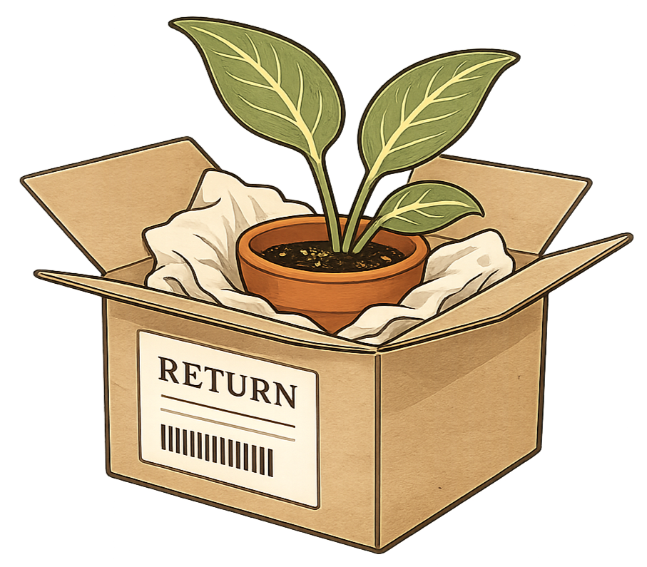 A potted plant with large green leaves inside a cardboard return box lined with white tissue paper.