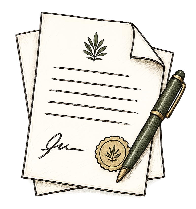 Illustration of official documents with a pen, featuring a cannabis leaf symbol, a signature, and a seal with a cannabis leaf, indicating certification or authorization related to cannabis.