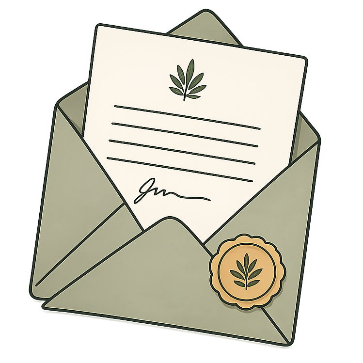 An envelope with a letter inside, featuring a green leaf symbol and a gold seal with a leaf motif.