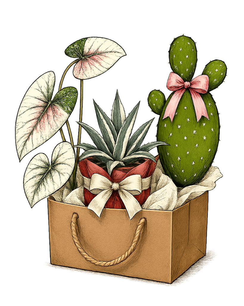 Arrangement of potted succulents and cacti in a paper bag with tissue paper