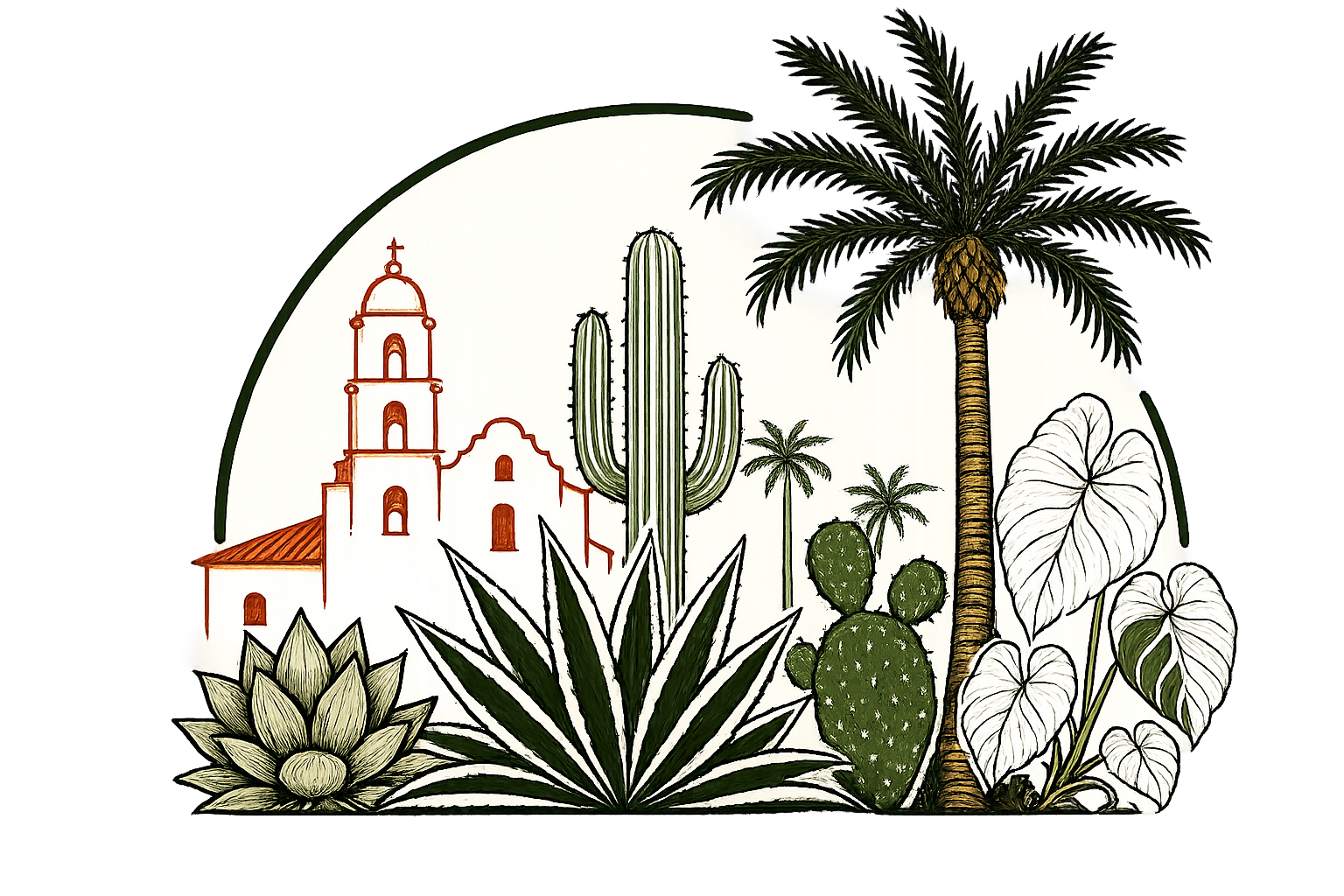 Illustration of a desert scene with cacti, palms, succulents, and a white church with a bell tower, all enclosed within a circular frame.