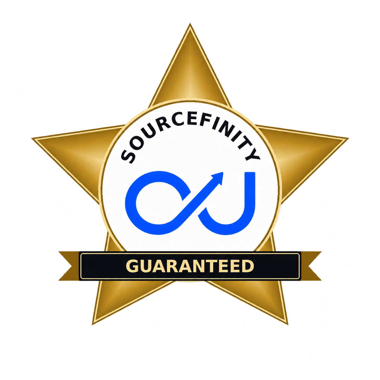 A gold star-shaped badge with a white circle in the center. Inside the circle, there is a blue infinity symbol and a blue check mark. The word 'SOURCEFINITY' is curved along the top of the circle, and the word 'GUARANTEED' is displayed on a black ribbon across the bottom of the badge.