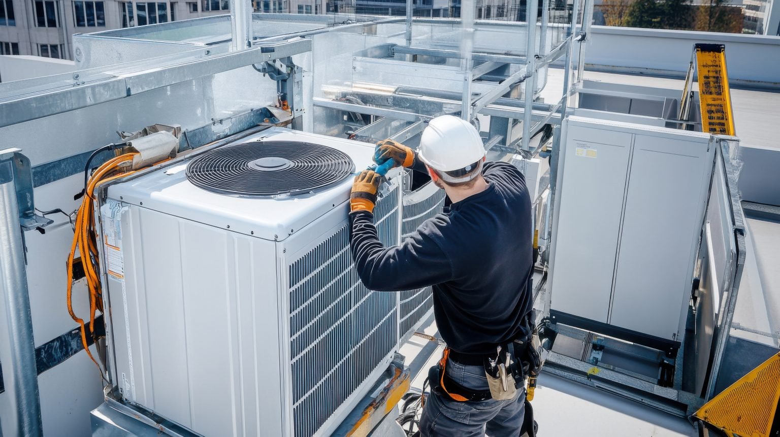 A technician wearing a white safety helmet, orange gloves, and dark clothing performs maintenance on an air conditioning unit on a rooftop. The technician is using a tool and is surrounded by metal scaffolding and safety equipment.