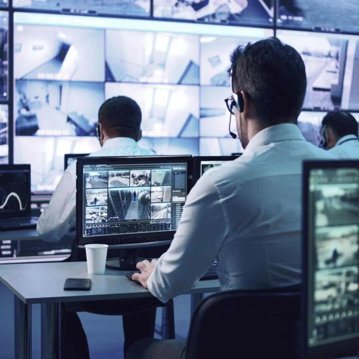 Security control room with staff monitoring multiple screens displaying surveillance footage.