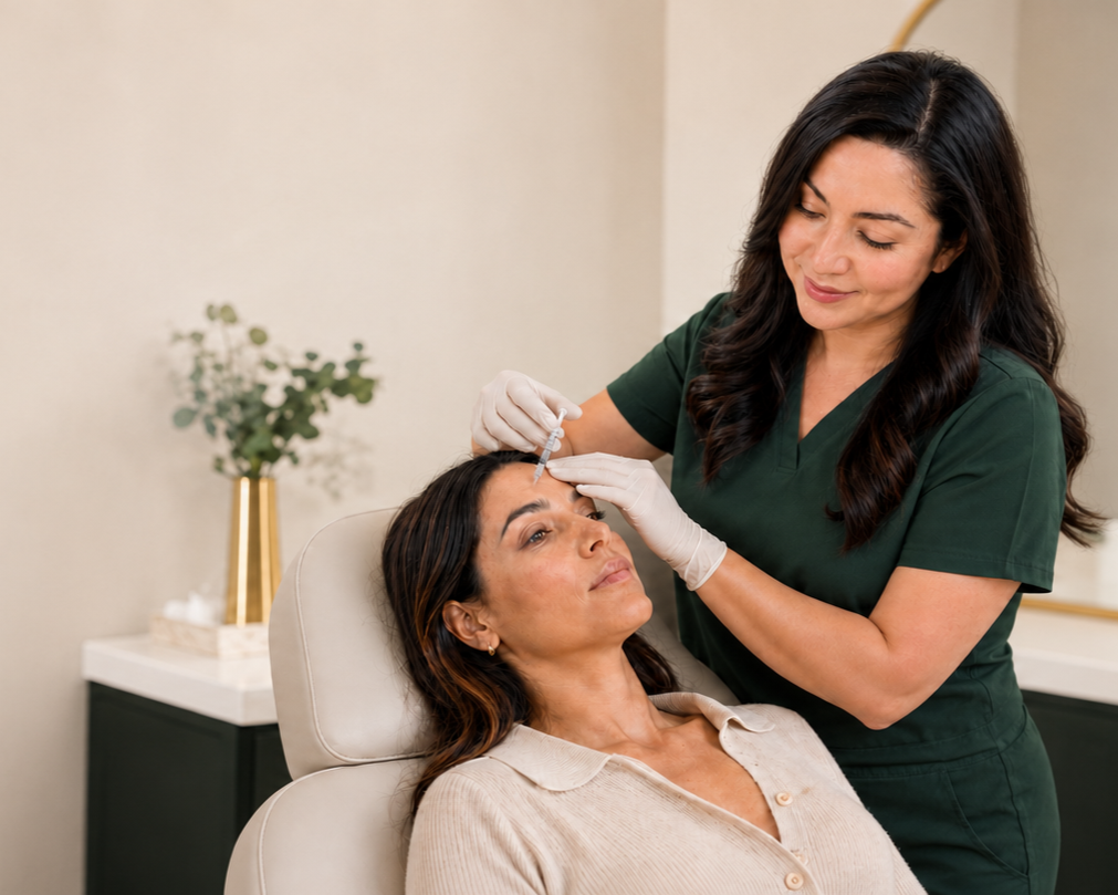 Medical professional administering a cosmetic injection to a woman lying in a chair.