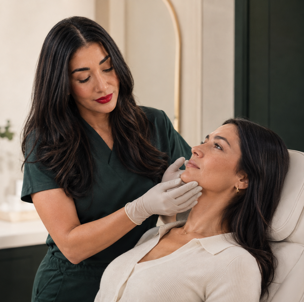 Aesthetics consultation from a skincare professional in a medical office.