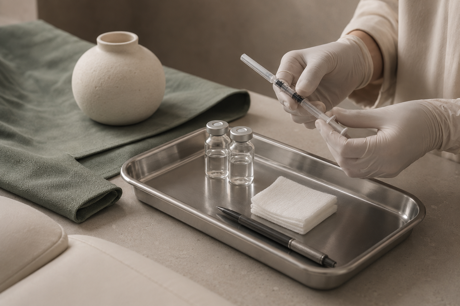 A person wearing medical gloves preparing a syringe in a medical or cosmetic setting, with vials and supplies on a tray.