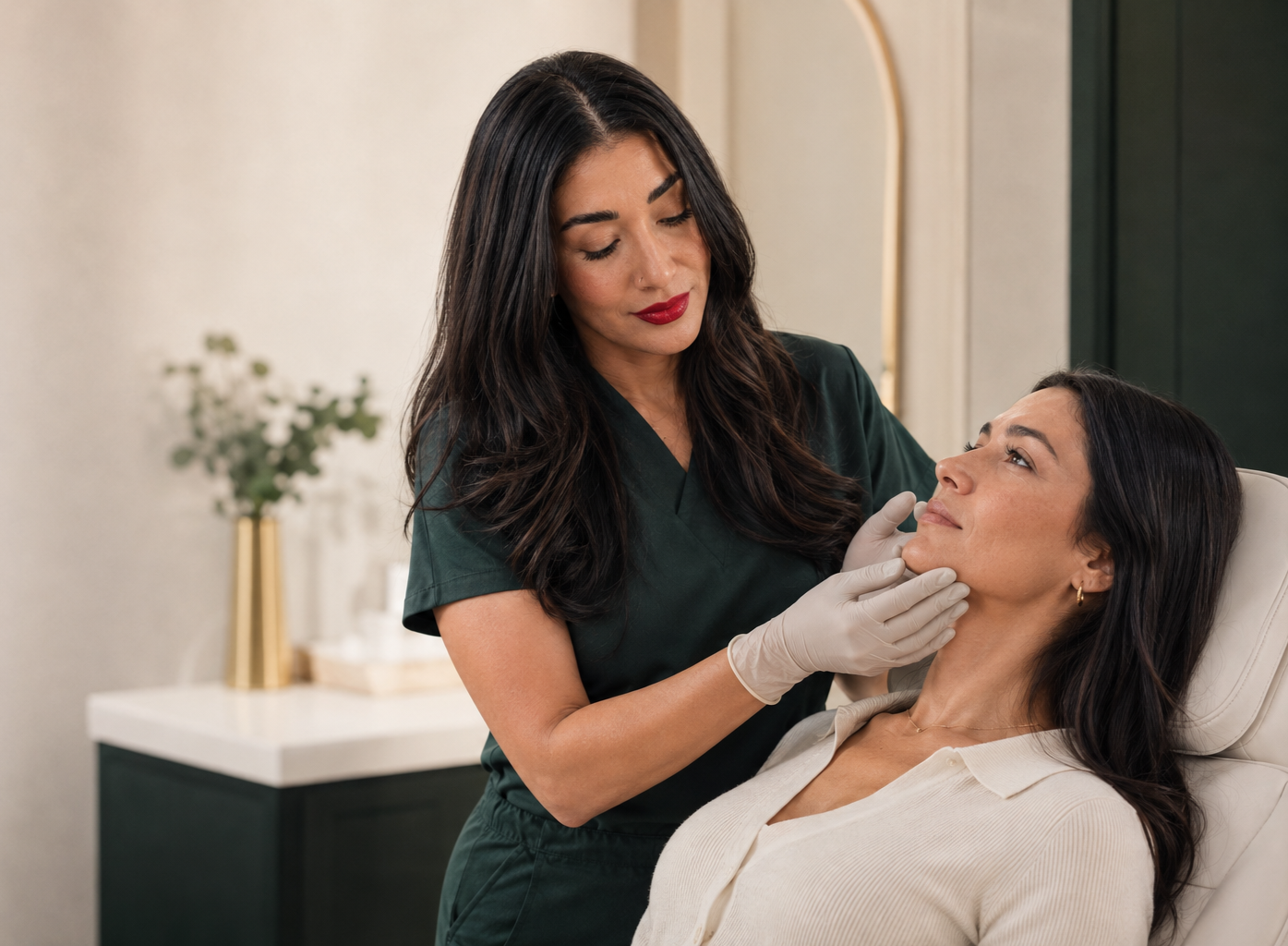Skincare professional examining a woman's face in a clinical setting.