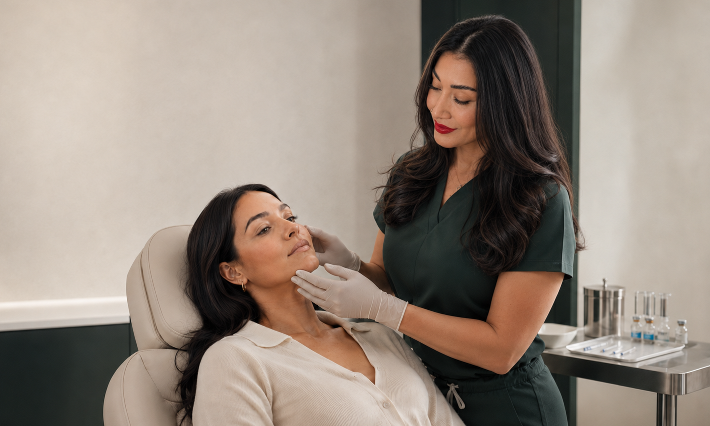 Aesthetics consultation from a skincare professional in a medical office.
