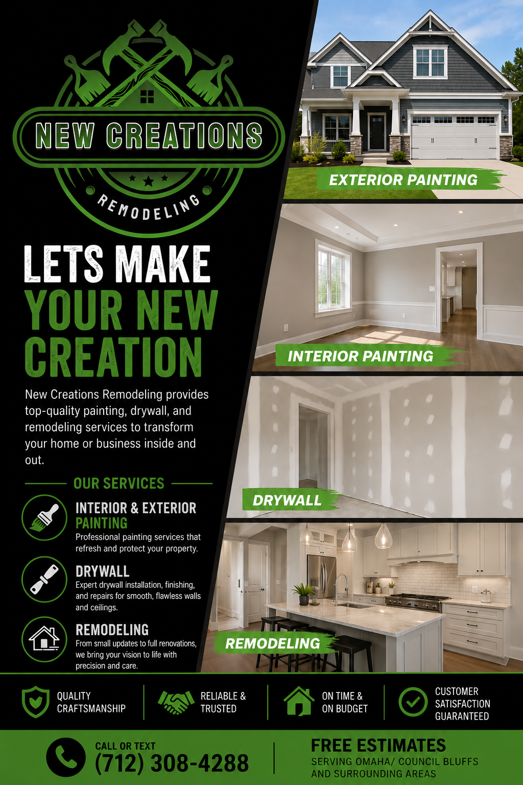 Flyer for New Creations Remodeling with images of a house exterior, interior room, drywall, and kitchen, showcasing services like exterior and interior painting, drywall, and remodeling.
