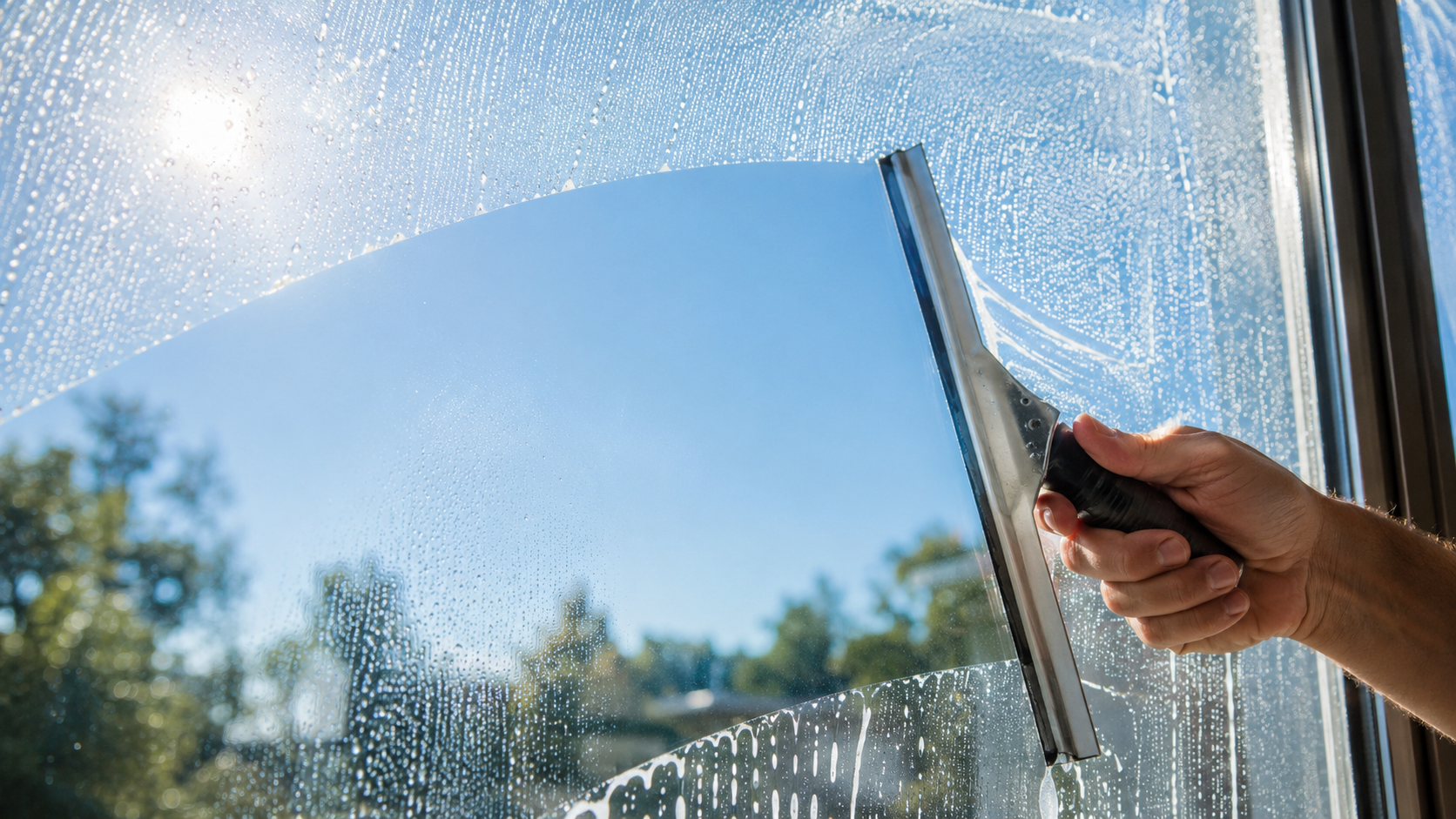 Professional residential window cleaning with a squeegee