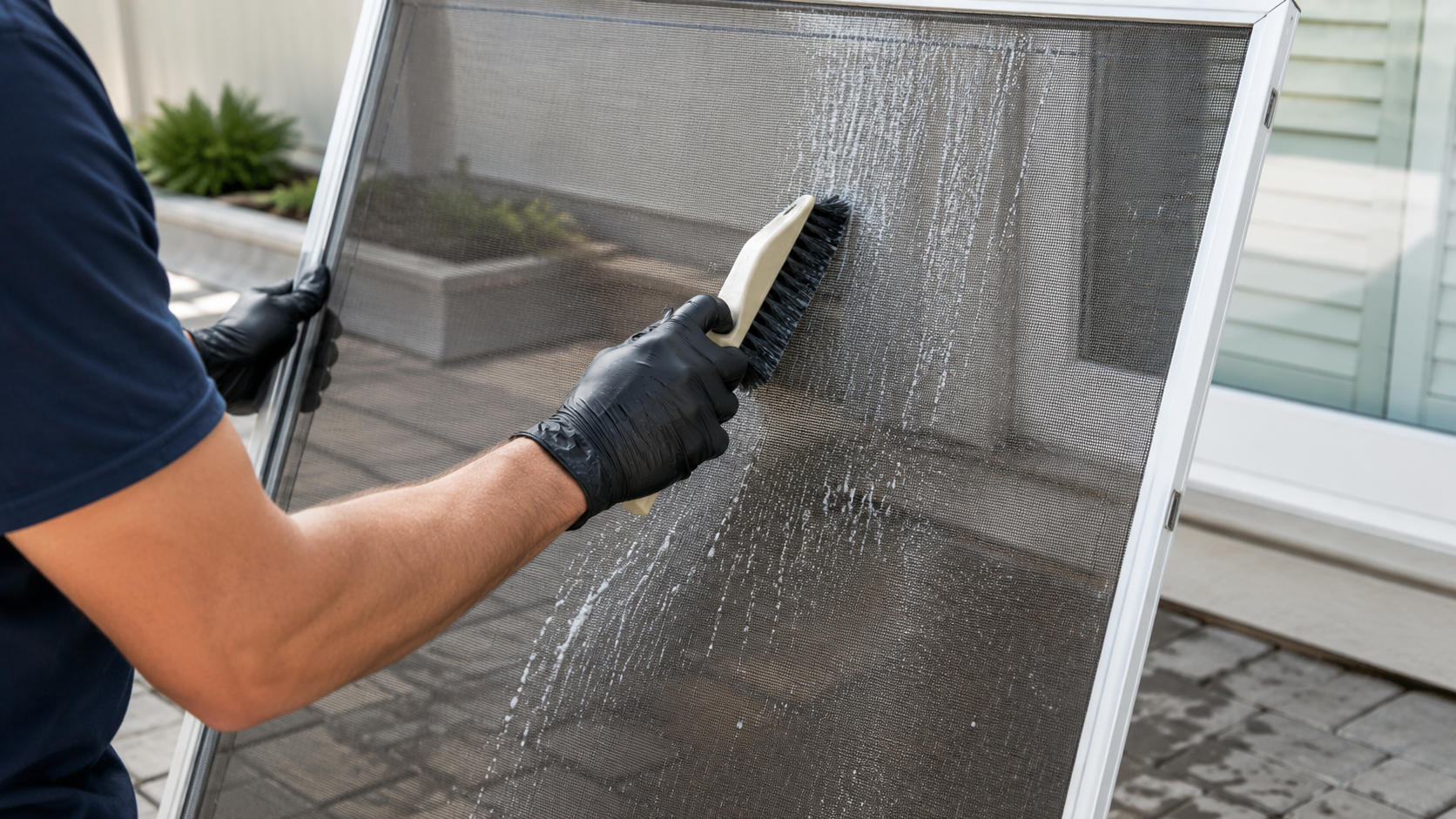 Window screen being professionally scrubbed and cleaned