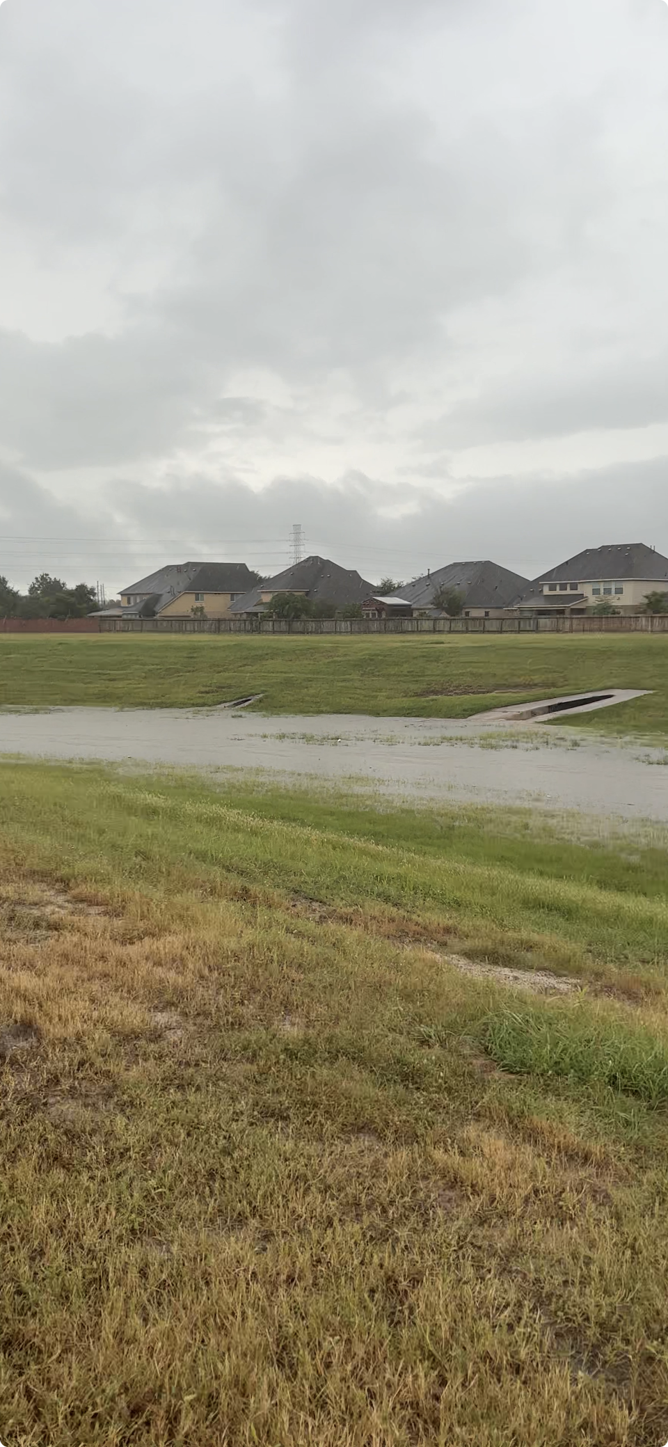 Scene of a grassy park area with a small pond or flooded area, several houses with dark roofs in the background, overcast sky with gray clouds.