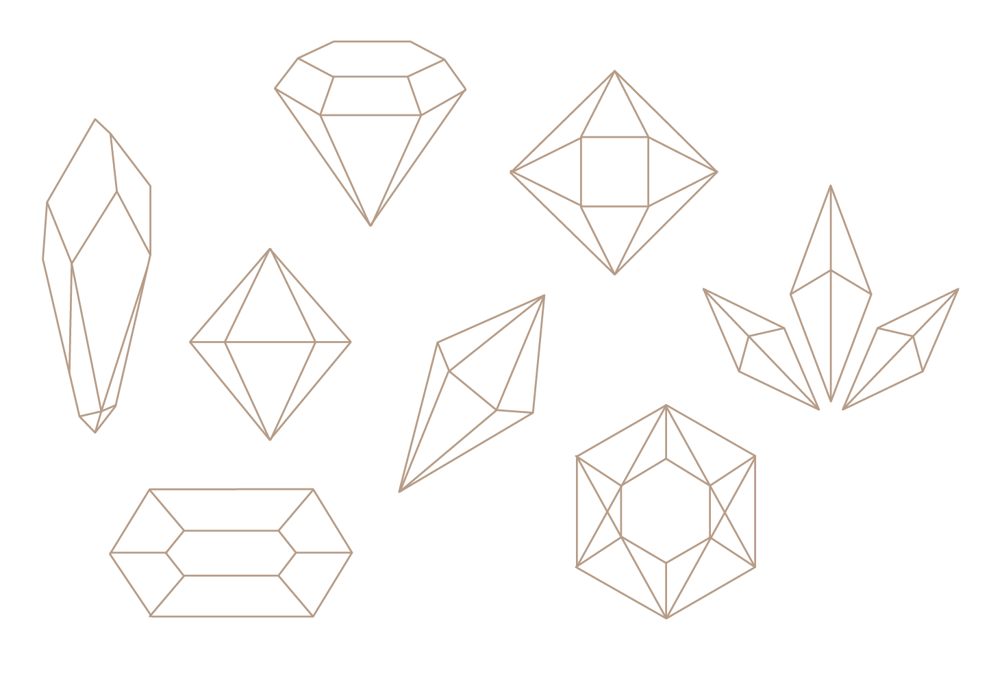 Multiple geometric wireframe shapes, including diamonds, ovals, and polyhedra, arranged on a black background.