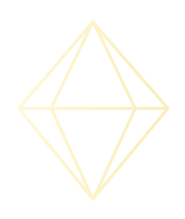 A geometric design featuring a diamond shape with an inner horizontal line, all outlined in cream on a black background.