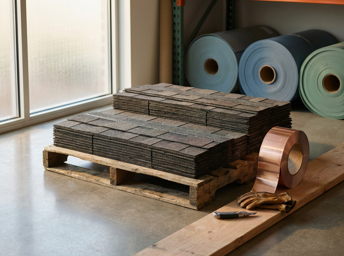 Stacks of roofing shingles on a wooden pallet next to rolls of roofing underlayment and a piece of copper flashing, with work gloves and a utility knife on a piece of wood in a storage room near a window.
