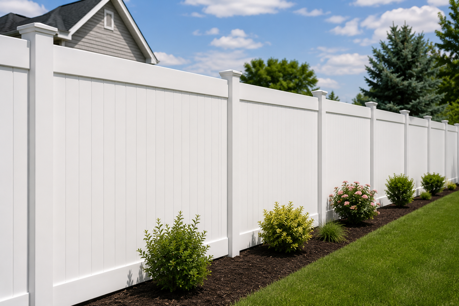 A white vinyl privacy fence in a backyard with green grass, small bushes, pink flowers, and a house with grey siding in the background under a partly cloudy sky.