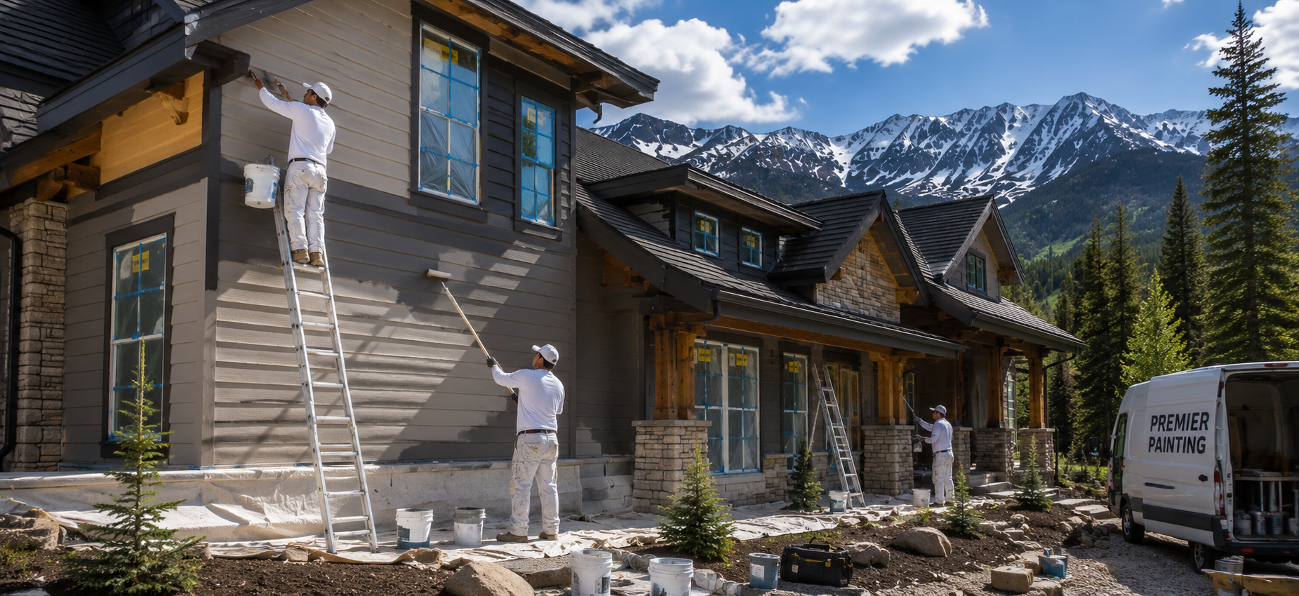 Workers painting the exterior of a modern house with a mountainous landscape in the background.