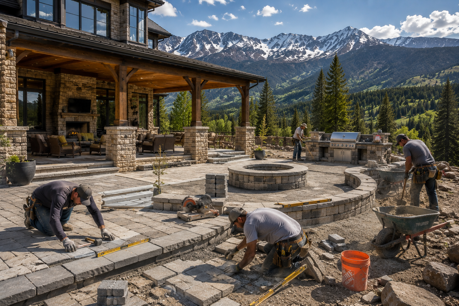 Workers building an outdoor stone patio in a mountainous area with snow-capped peaks, green pine trees, and a house with a covered porch.