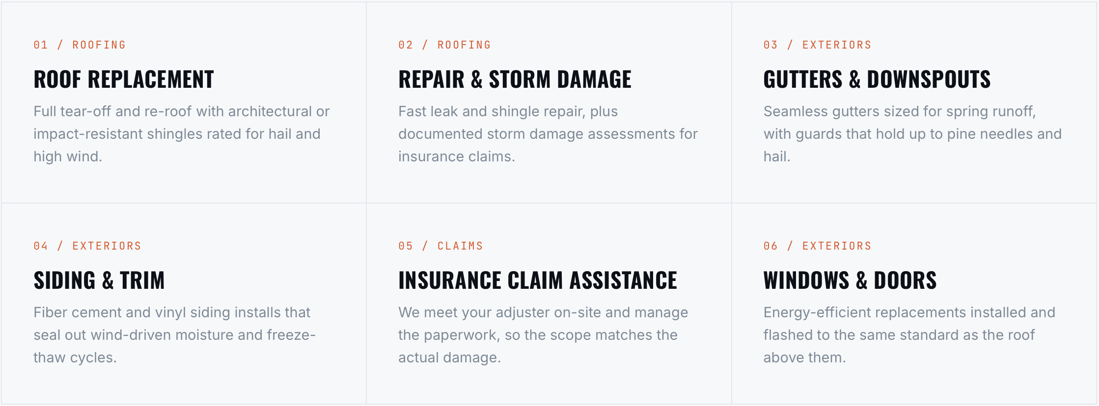 A webpage with services related to roofing and exteriors, including roof replacement, storm damage repair, gutters, downspouts, siding, trim, insurance claims, and window and door replacements, with text descriptions for each service.