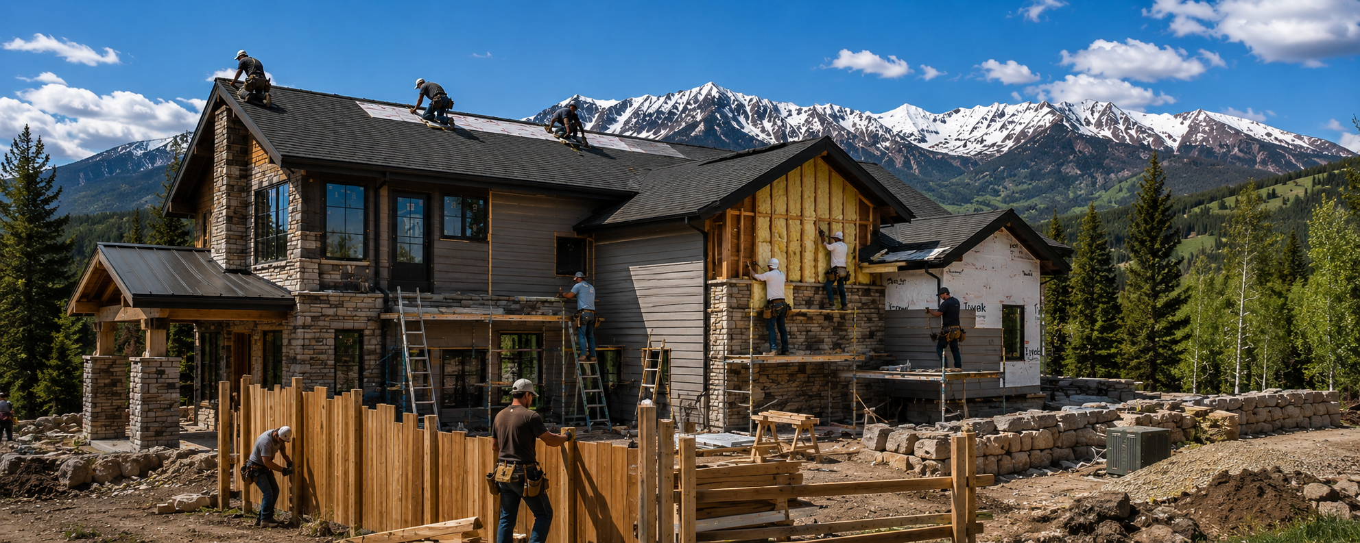 Construction workers building a house in a mountainous area with snow-capped peaks and green forests in the background.