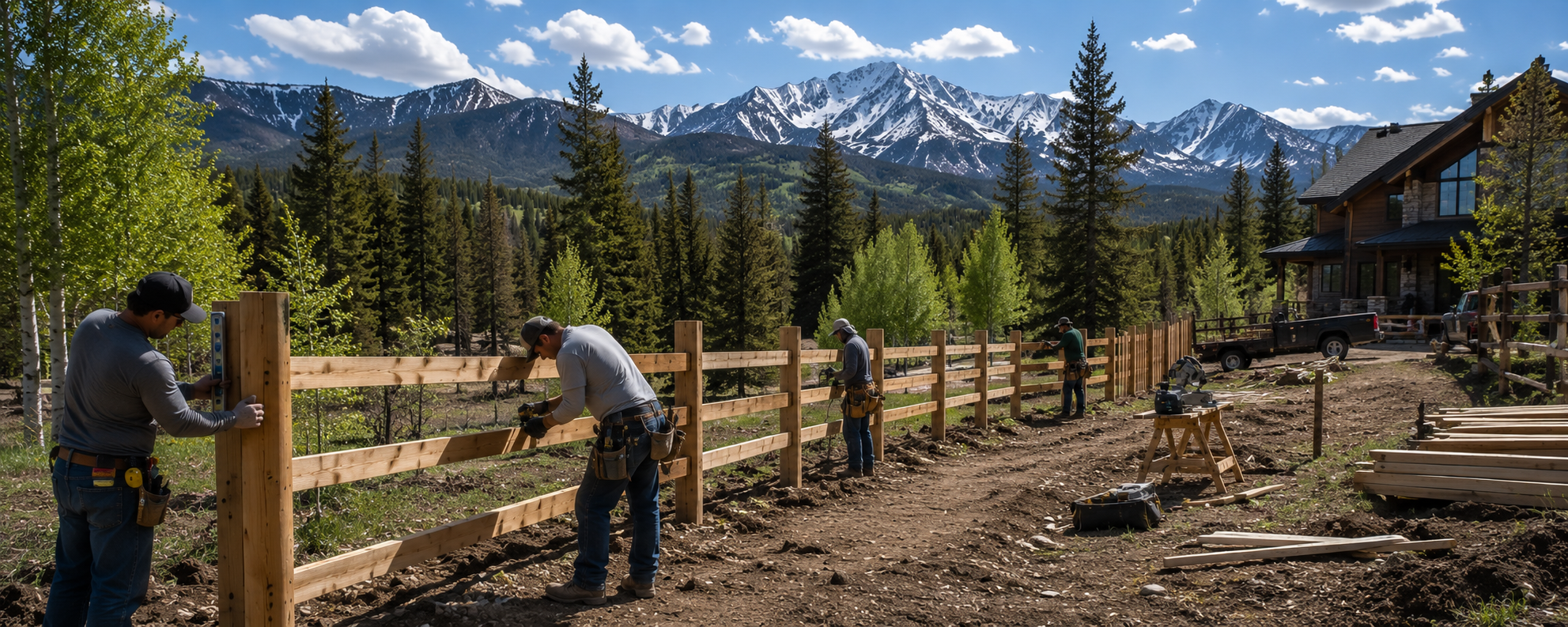 Four workers building a wooden fence outdoors with mountains and trees in the background.