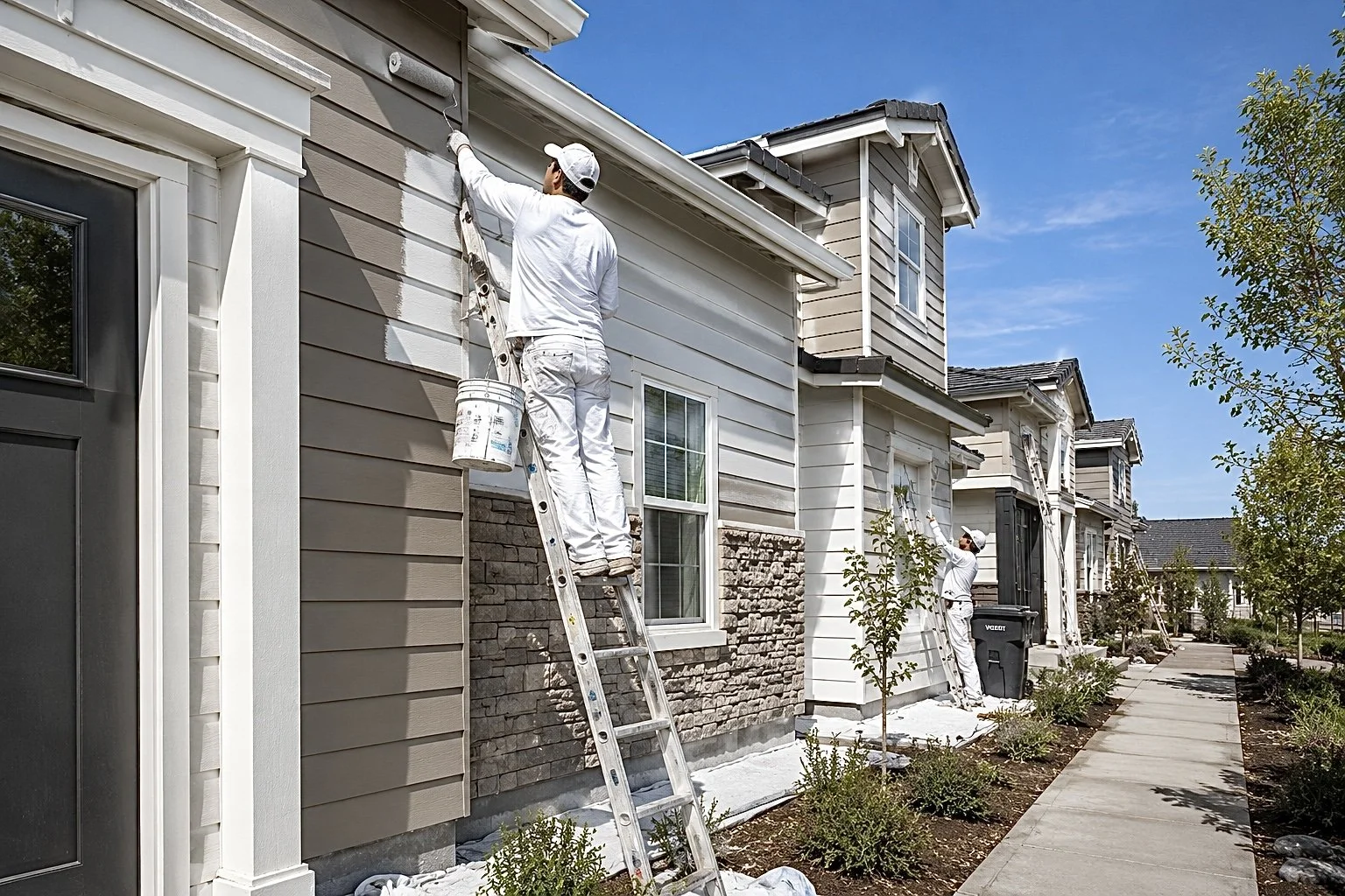 Workers painting the exterior of a row of townhouses outside on a bright sunny day.