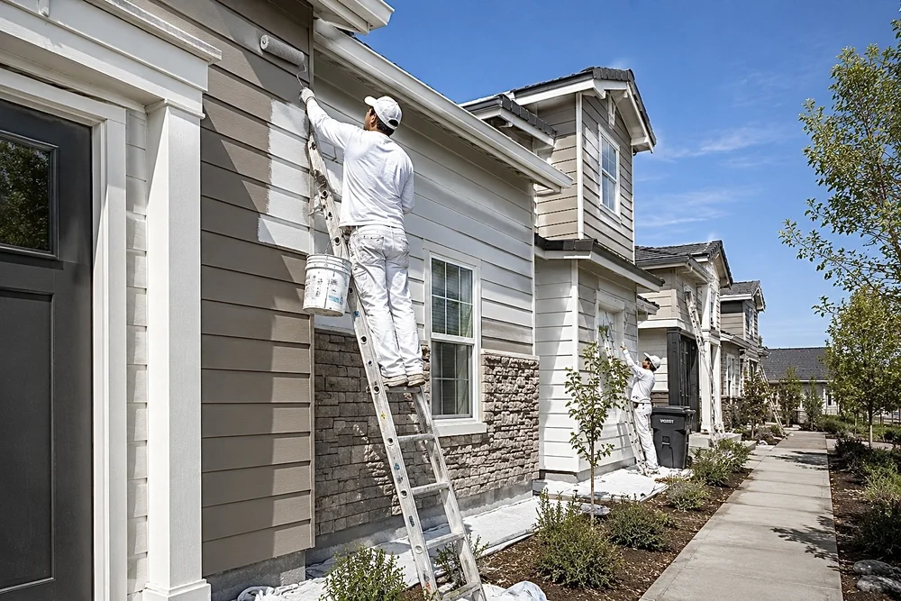 Painter on a ladder painting a home's siding