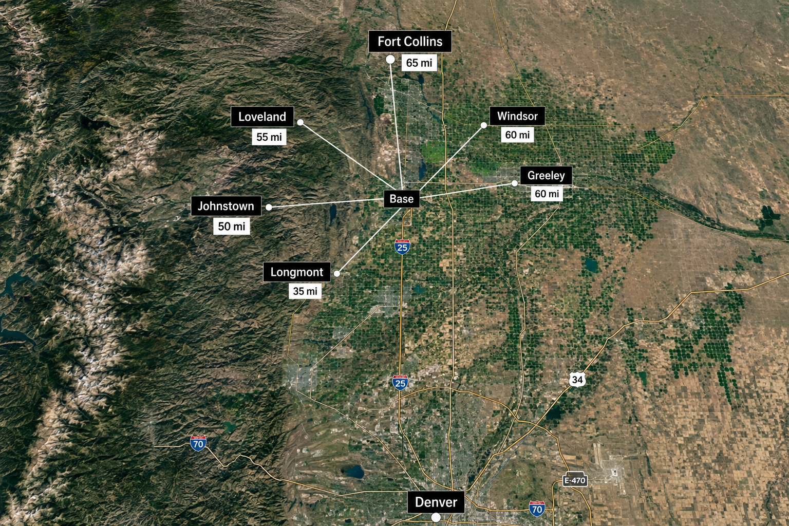 Map of Denver, Colorado area with labels and distances to nearby cities including Fort Collins, Loveland, Johnstown, Longmont, Windsor, Greeley, and the base, with major highways and terrain details.