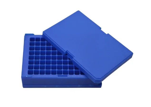 Blue plastic storage box with a removable lid, containing square compartments, typically used for organizing small items or laboratory samples.