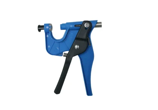 Blue and black push-type C-clamp with a handle and screw mechanism