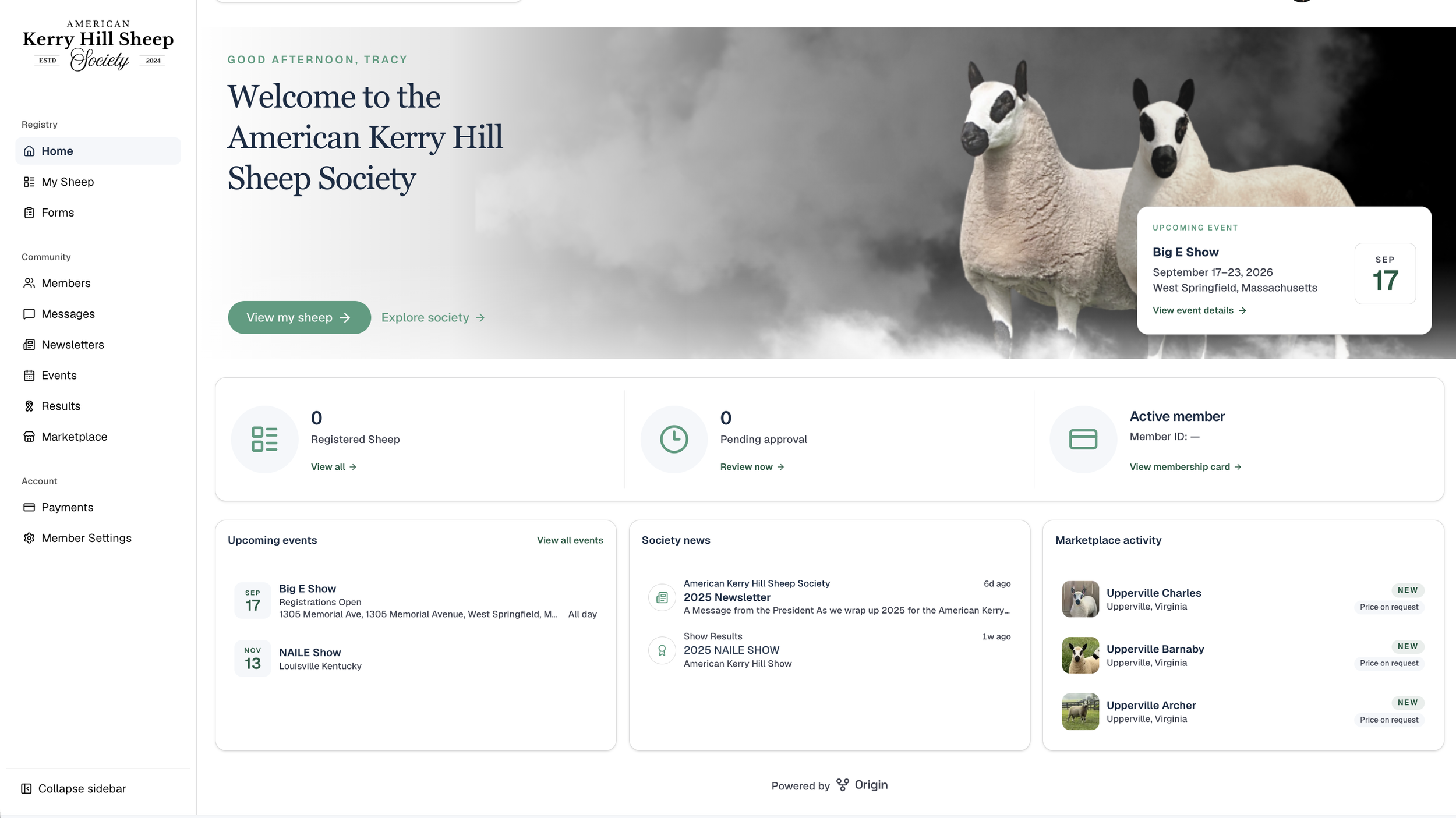 Screenshot of the American Kerry Hill Sheep Society website homepage featuring a banner with two sheep statues against a cloudy sky, and event details for an upcoming sheep show in West Springfield, Massachusetts.