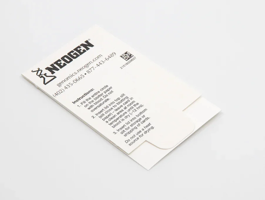 A small packet labeled 'NEOGEN' with instructions printed on it. The instructions include steps for handling a specific sample or material, and there is a QR code at the top right corner.