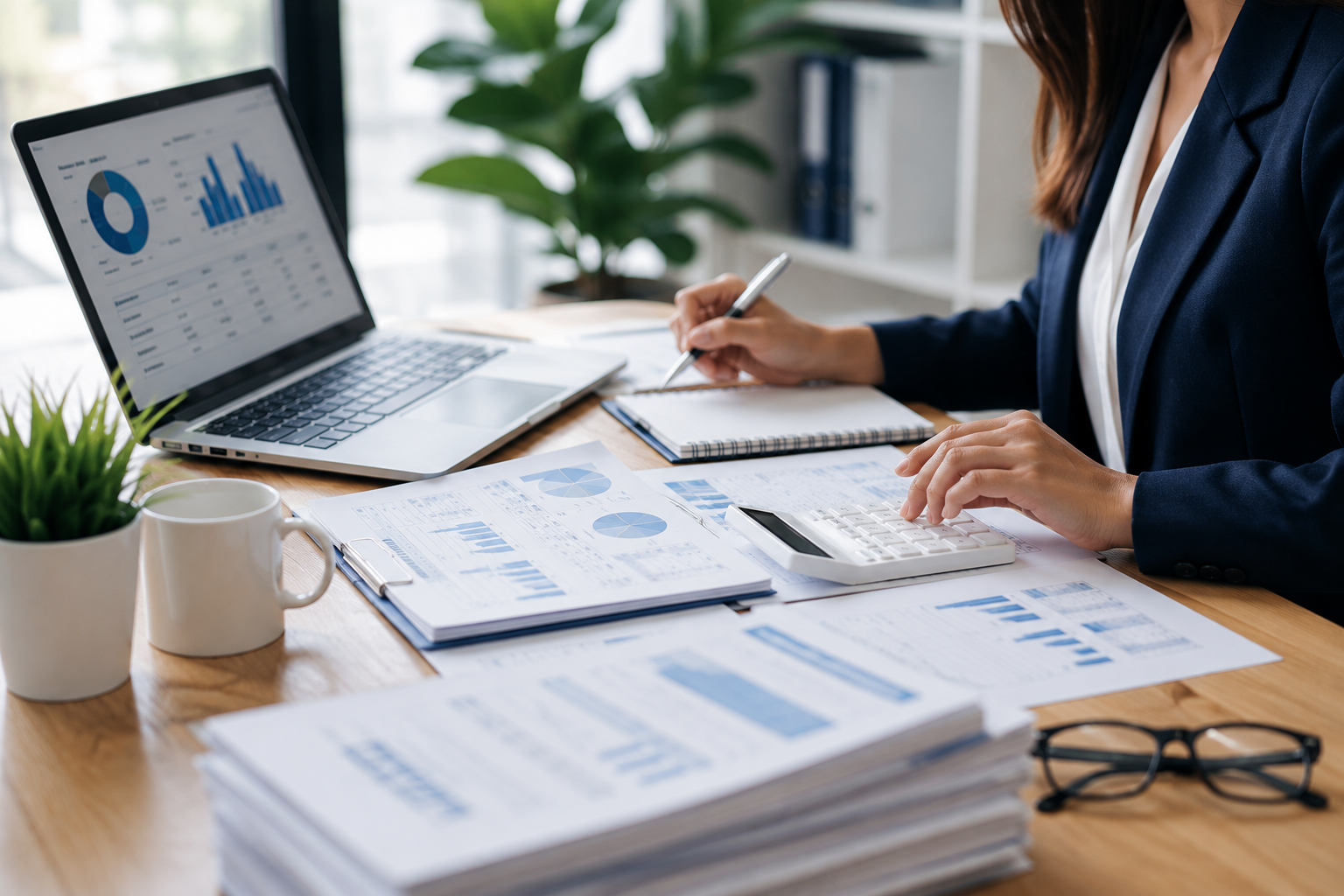 A person working at a desk with financial documents, using a calculator, taking notes on a notepad, with a laptop displaying charts and graphs, surrounded by office supplies and plants.