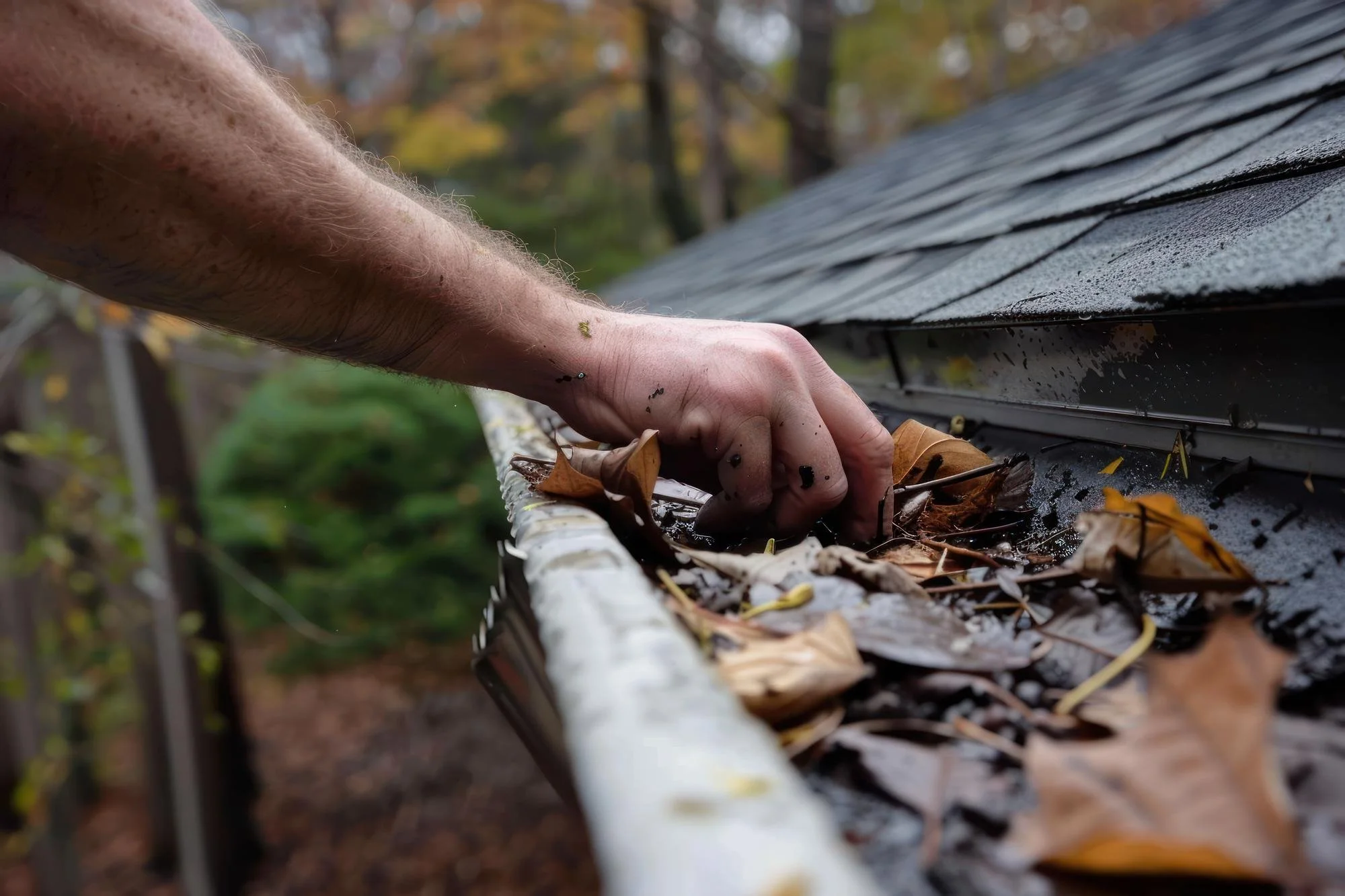 Person's hand removing fallen leaves and debris from a gutter on a rainy day, with wet shingles on the roof in the background.