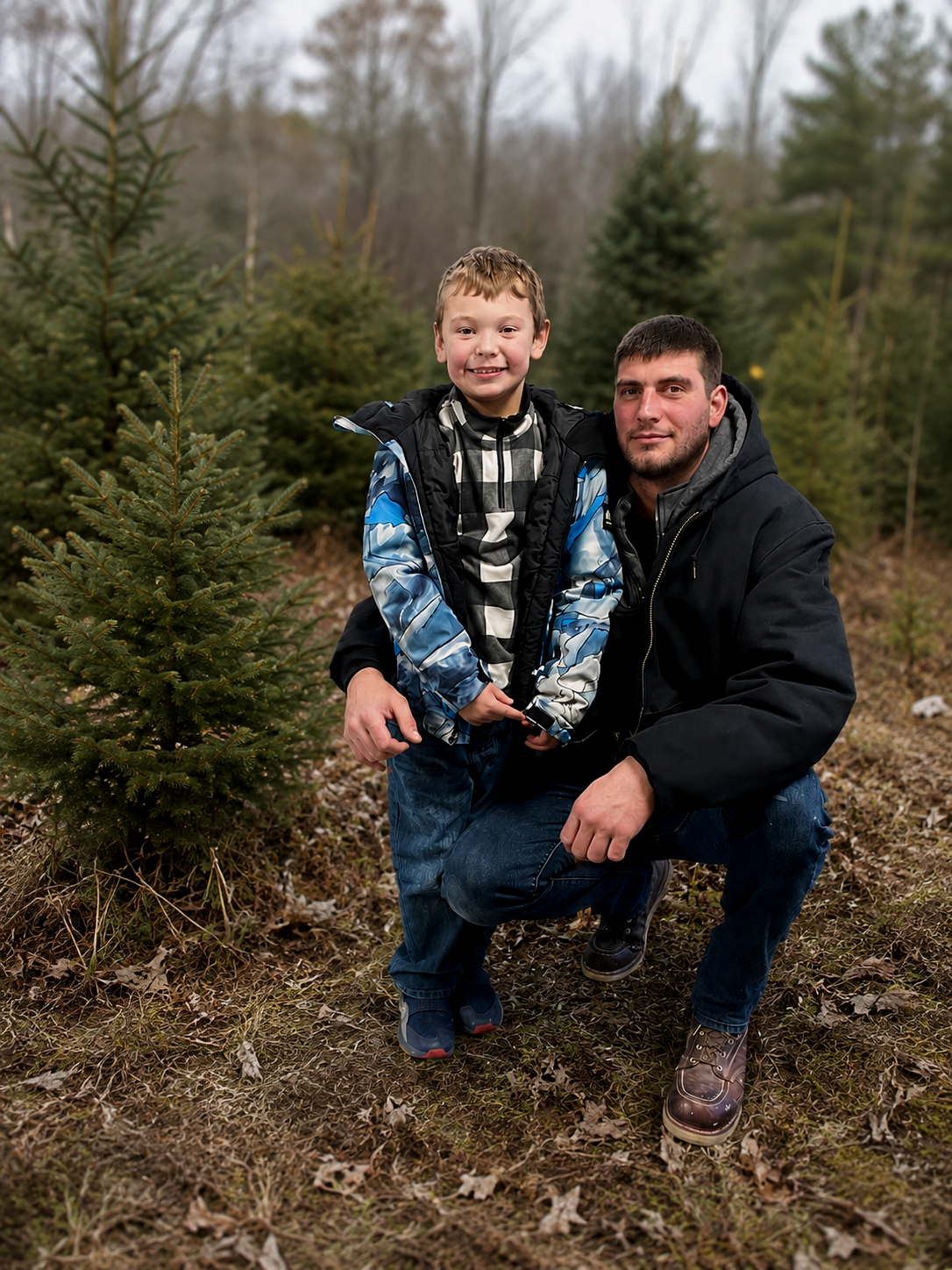 A man and a young boy outdoors in a forested area during daytime, surrounded by small evergreen trees. The boy is standing and smiling at the camera while the man is crouching beside him, both dressed in casual outdoor clothing.