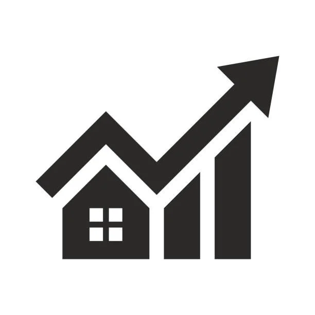 A house icon with an upward trending arrow and bar graph, representing real estate growth or property market increase.