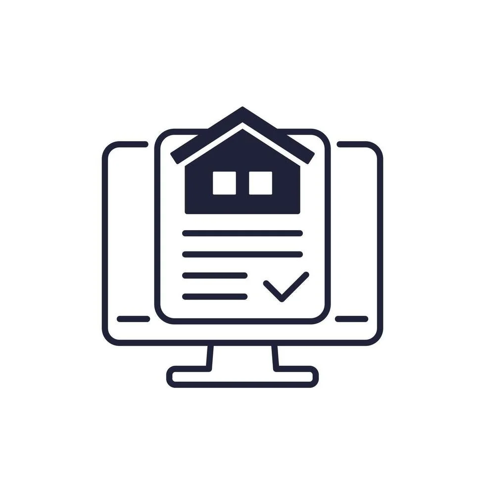 Digital illustration of a house on a document or form displayed on a computer screen with a checkmark.
