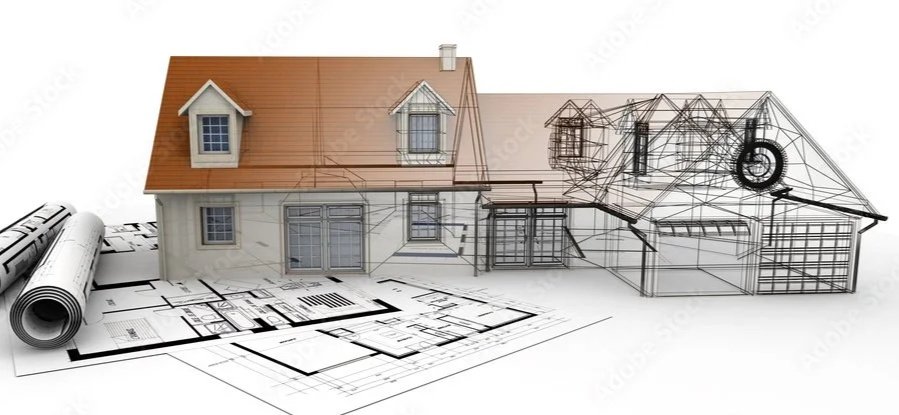 A house model with a tiled roof, wireframe sketches, blueprints, and rolled-up architectural plans.