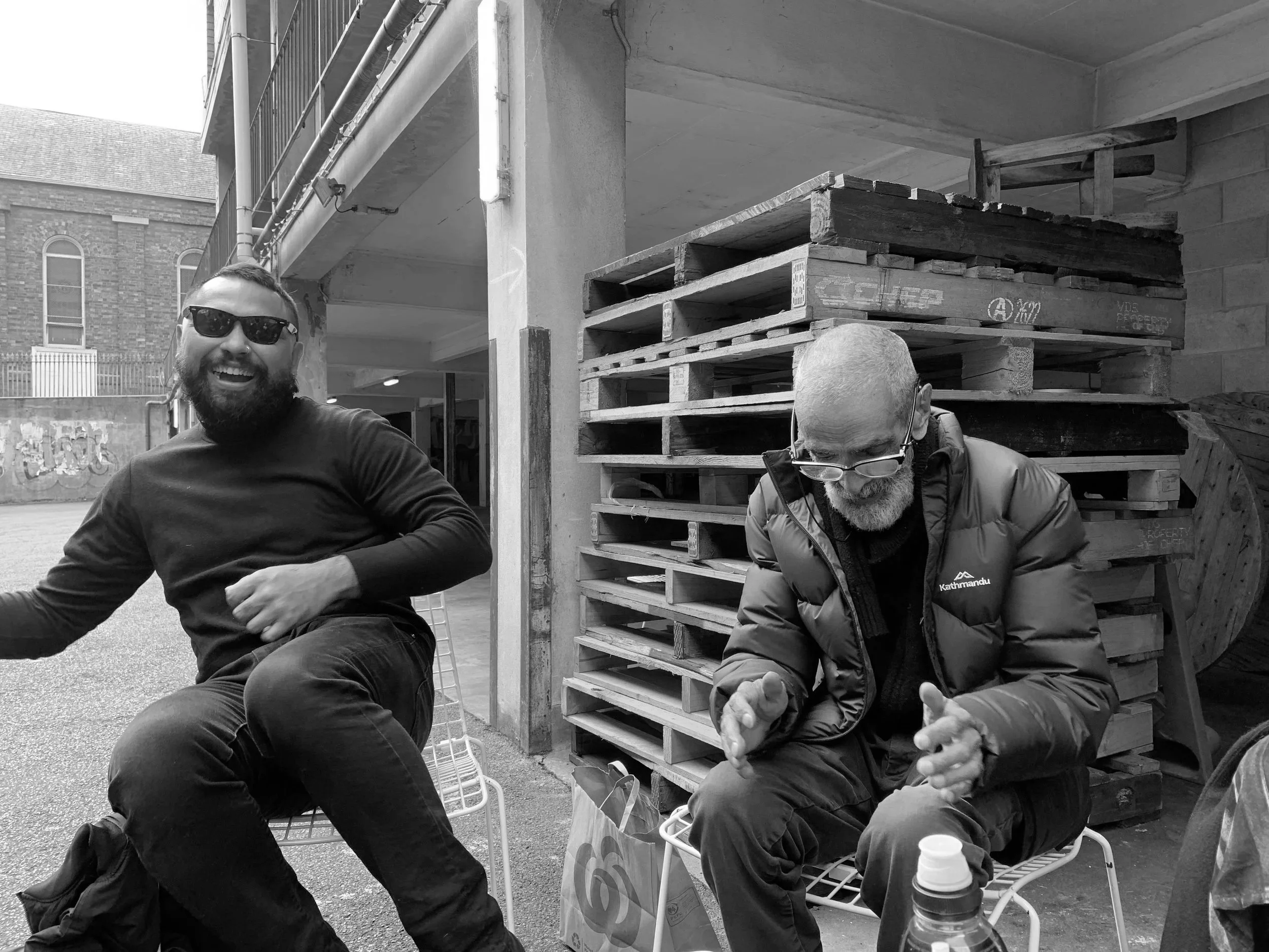 Birrugan Dunn-Velasco and Professor Gary Foley, yarning and laughing.